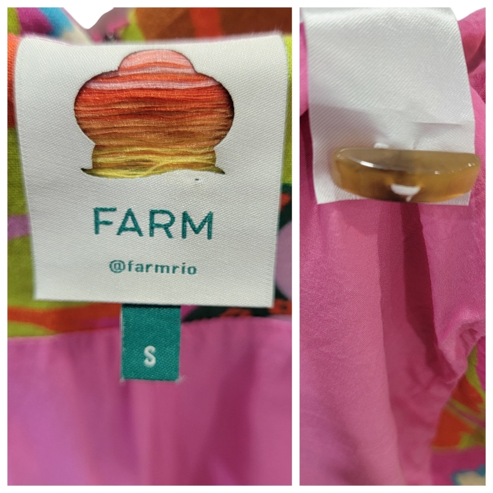 Farm Rio Garden Mini Dress Faux Wrap Pink Linen Blend Bright Neon Colorf… - Picture 11 of 17